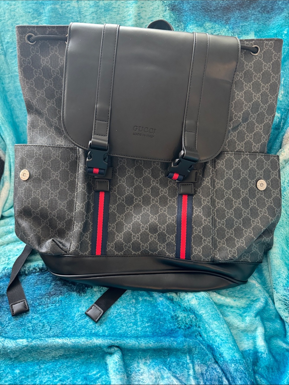 New! Gucci Black GG Supreme Canvas Backpack with Red and Blue Web Stripes